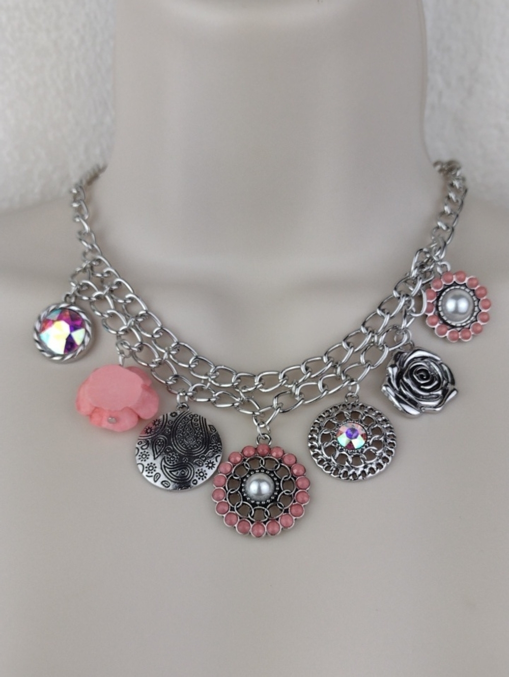 Silver Tone Pink Pearl Iridescent Crystal Concho Necklace